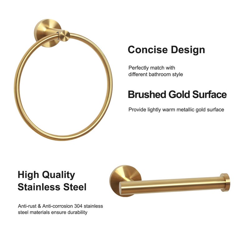 HouseAid Towel Ring and Toilet Paper Holder Set 2 Pieces Bathroom Hardware Stainless Steel Bathroom Hand Towel Holder Circle Towel Hanger Wall Mounted Brushed Gold - Image 5